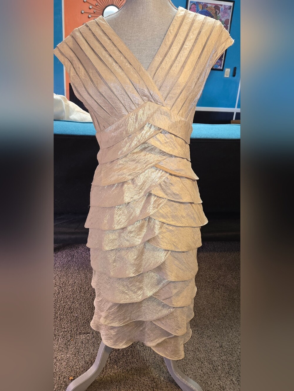Adrianna Papell Cocktail Dress US Women Size 16 Champagne Gold Mesh Ruffle Tiers
